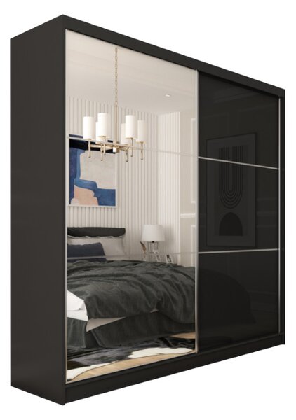 Dulap cu ușă glisantă KUREZ cu oglindă, 200x216x61, negru