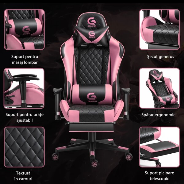 Scaun gaming, masaj în perna lombară, sezut benzi elastice sustinere, cotiere 3D, suport picioare, funcție sezlong, Negru/Roz