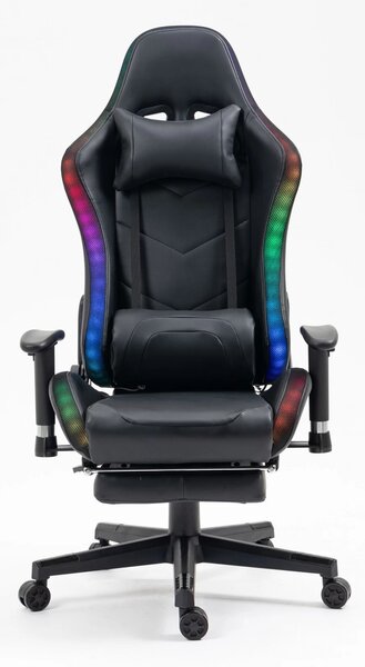 Scaun gaming cu sistem iluminare bandă LED RGB, masaj în perna lombară, suport picioare, funcție șezlong, 90-180 grade, piele ecologica Premium, Negru