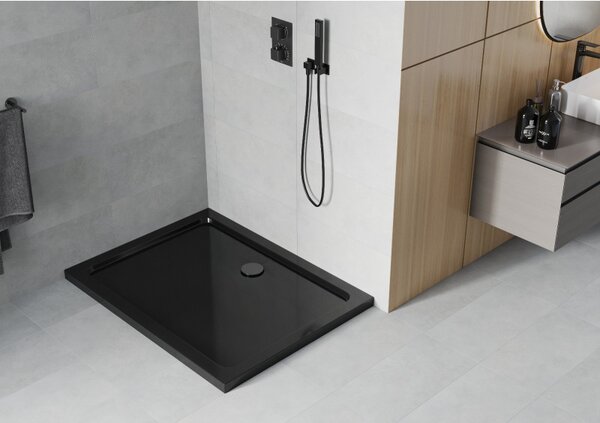 Cadă de duș Mexen Flat, acrilic 90x70x5 cm SLIM, negru, sifon negru, 40707090B