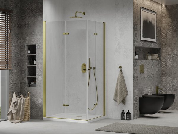 Mexen Lima Duo, cabină de duș 80 (uşă) x 70 (uşă) cm, sticlă transparentă 6mm, profil auriu + cadă de duș SLIM albă 5cm + sifon auriu, 856-080-070-50-02-4010G