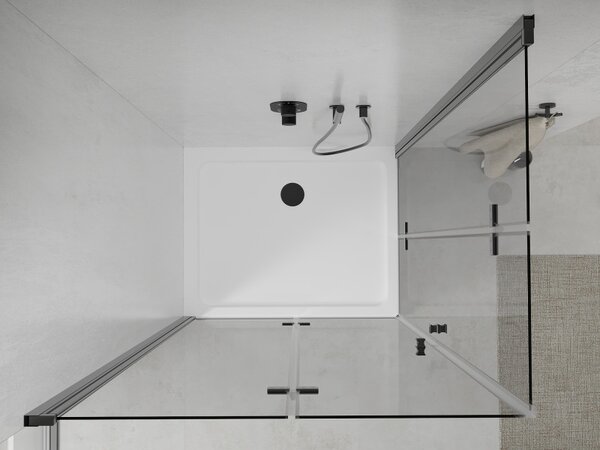 Mexen Lima Duo, cabină de duș cu ușă rabatabilă cu 2 canape 80 (uşă) x 70 (uşă) cm, sticlă transparentă 6 mm, profil negru + cadă de duș subțire 5 cm albă cu sifon negru, 856-080-070-70-02-4010B