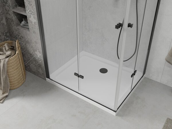 Mexen Lima Duo, cabină de duș cu ușă rabatabilă cu 2 canape 80 (uşă) x 70 (uşă) cm, sticlă transparentă 6 mm, profil negru + cadă de duș subțire 5 cm albă cu sifon negru, 856-080-070-70-02-4010B