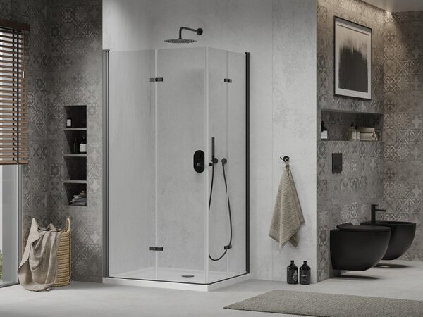 Mexen Lima Duo, cabină de duș cu ușă rabatabilă cu 2 canape 80 (uşă) x 70 (uşă) cm, sticlă transparentă 6 mm, profil negru + cadă de duș subțire 5 cm albă cu sifon negru, 856-080-070-70-02-4010B