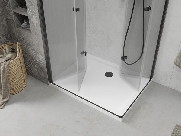 Mexen Lima Duo, cabină de duș cu ușă rabatabilă cu 2 canape 80 (uşă) x 70 (uşă) cm, sticlă transparentă 6 mm, profil negru + cadă de duș subțire 5 cm albă cu sifon negru, 856-080-070-70-02-4010B