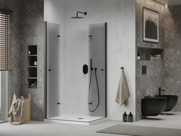 Mexen Lima Duo, cabină de duș cu ușă rabatabilă cu 2 canape 80 (uşă) x 70 (uşă) cm, sticlă transparentă 6 mm, profil negru + cadă de duș subțire 5 cm albă cu sifon negru, 856-080-070-70-02-4010B