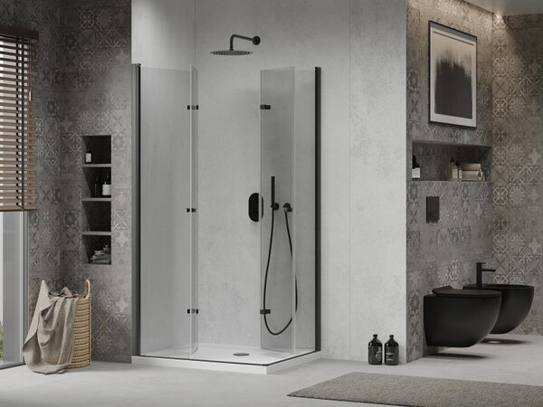 Mexen Lima Duo, cabină de duș cu ușă rabatabilă cu 2 canape 80 (uşă) x 70 (uşă) cm, sticlă transparentă 6 mm, profil negru + cadă de duș subțire 5 cm albă cu sifon negru, 856-080-070-70-02-4010B