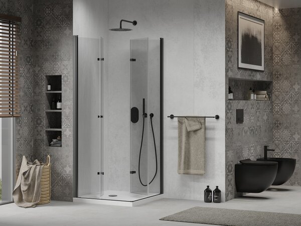 Mexen Lima Duo, cabină de duș 90 (uşă) x 90 (uşă) cm, sticlă transparentă 6 mm, profil negru + cadă de duș SLIM 5 cm, 856-090-090-70-02-4010B