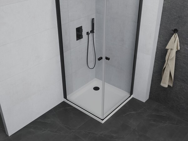 Mexen Pretoria Duo, cabină de duș cu 2 aripi 90(uşă) x 90(uşă) x 190 cm, sticlă transparentă de 6 mm, profil negru + cadă de duș subțire 5 cm, alb, 8…