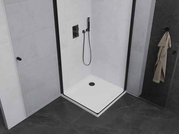 Mexen Pretoria Duo, cabină de duș cu 2 aripi 90(uşă) x 90(uşă) x 190 cm, sticlă transparentă de 6 mm, profil negru + cadă de duș subțire 5 cm, alb, 8…