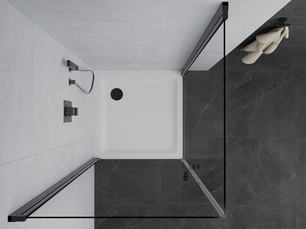 Mexen Pretoria Duo, cabină de duș cu 2 aripi 90(uşă) x 90(uşă) x 190 cm, sticlă transparentă de 6 mm, profil negru + cadă de duș subțire 5 cm, alb, 8…