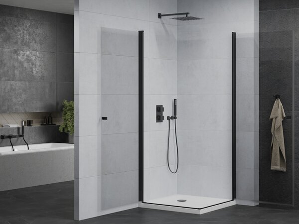 Mexen Pretoria Duo, cabină de duș cu 2 aripi 90(uşă) x 90(uşă) x 190 cm, sticlă transparentă de 6 mm, profil negru + cadă de duș subțire 5 cm, alb, 8…
