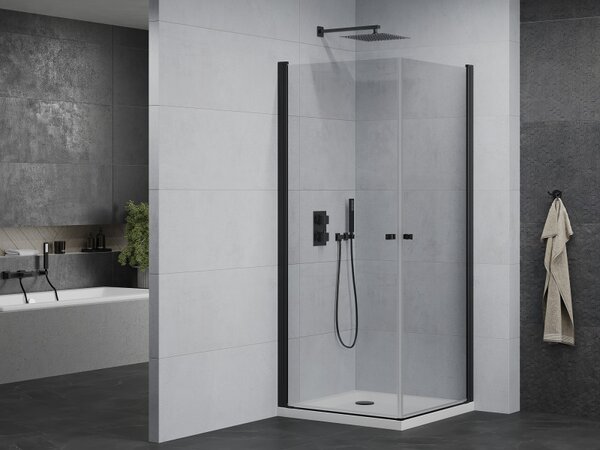 Mexen Pretoria Duo, cabină de duș cu 2 aripi 90(uşă) x 90(uşă) x 190 cm, sticlă transparentă de 6 mm, profil negru + cadă de duș subțire 5 cm, alb, 8…