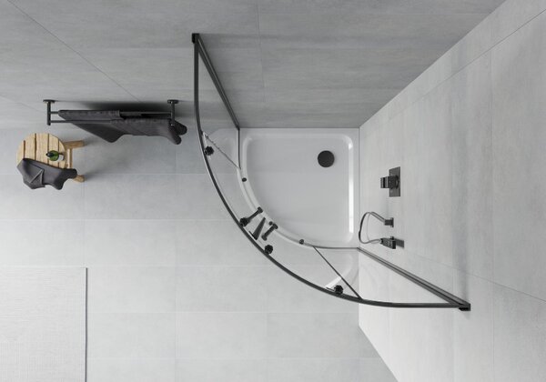 Mexen Rio, cabină de duș rotundă 90 x 90 cm, sticlă transparentă de 6 mm, profil negru + cădiță de duș albă, 863-090-090-70-00-4110B