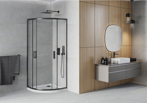 Mexen Rio, cabină de duș rotundă 90 x 90 cm, sticlă transparentă de 6 mm, profil negru + cădiță de duș albă, 863-090-090-70-00-4110B