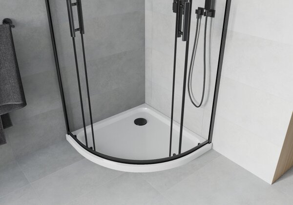 Mexen Rio, cabină de duș rotundă 90 x 90 cm, sticlă transparentă de 6 mm, profil negru + cădiță de duș albă, 863-090-090-70-00-4110B
