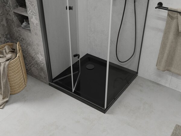 Mexen Lima, cabina de dus cu usa plianta 80 (usa) x 80 (perete) cm, sticla transparenta 6mm, profil negru + cadita de dus subtire neagra cu sifon negru, 856-080-080-70-00-4070B