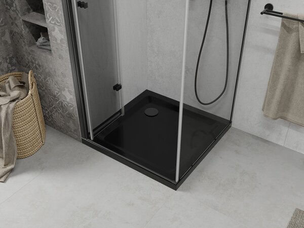 Mexen Lima, cabina de dus cu usa plianta 80 (usa) x 80 (perete) cm, sticla transparenta 6mm, profil negru + cadita de dus subtire neagra cu sifon negru, 856-080-080-70-00-4070B