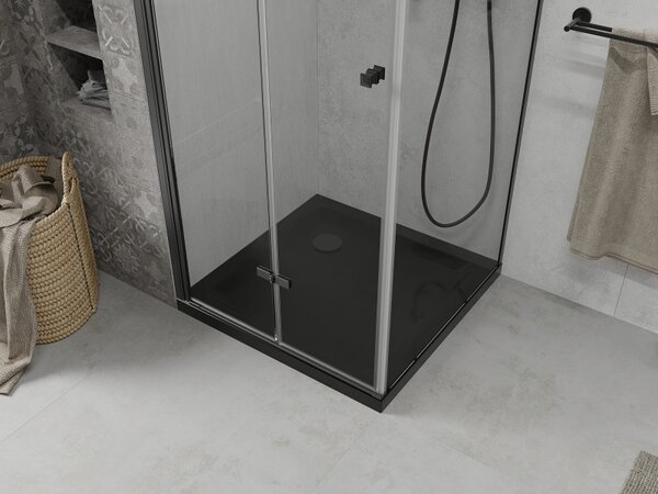 Mexen Lima, cabina de dus cu usa plianta 80 (usa) x 80 (perete) cm, sticla transparenta 6mm, profil negru + cadita de dus subtire neagra cu sifon negru, 856-080-080-70-00-4070B
