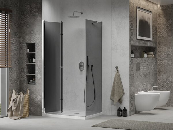 Mexen Lima, cabină de duș cu ușă rabatabilă 100 (uşă) x 70 (perete) cm, sticlă gri 6 mm, profil crom + cadă de duș albă subțire + sifon crom, 856-100…