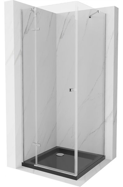 Mexen Roma, cabină de duș cu ușă baton 80 (uşă) x 80 (perete) cm, sticlă transparentă 6 mm, profil crom + cadă de duș subțire neagră + sifon crom, 854-080-080-01-00-4070