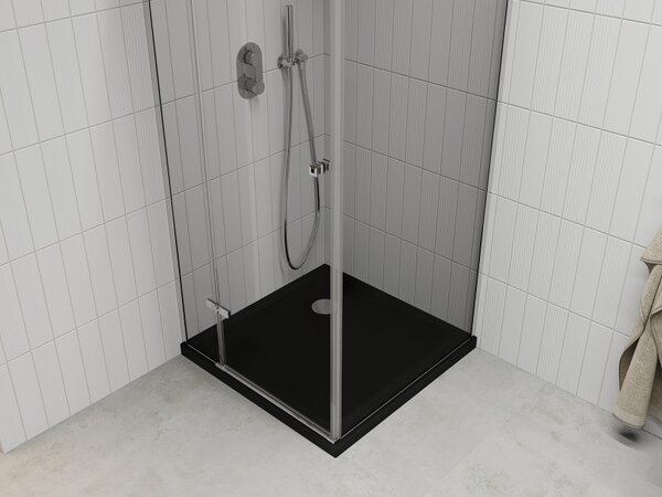 Mexen Roma, cabină de duș cu ușă baton 80 (uşă) x 80 (perete) cm, sticlă transparentă 6 mm, profil crom + cadă de duș subțire neagră + sifon crom, 854-080-080-01-00-4070