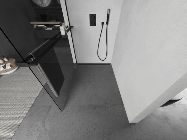 Mexen Kioto+, paravan de dus cu polita si suport pentru prosoape 70 x 200 cm, sticla transparenta 8 mm, profil negru, 800-070-121-70-00