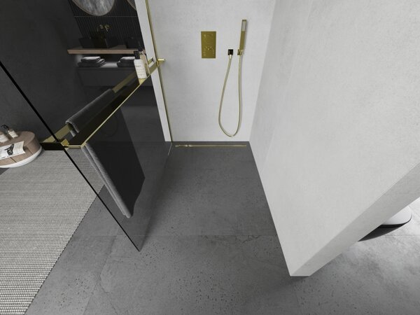 Mexen Kioto, Walk-In Walk-in dus 85 x 200 cm, sticla transparenta 8mm, profil auriu lucios + suport pentru prosoape cu raft, 800-085-121-50-00