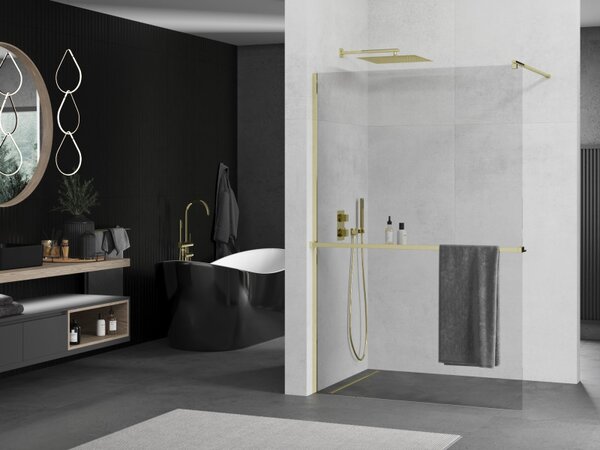 Mexen Kioto, Walk-In Walk-in dus 85 x 200 cm, sticla transparenta 8mm, profil auriu lucios + suport pentru prosoape cu raft, 800-085-121-50-00
