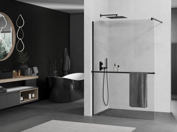Mexen Kioto+, paravan de dus cu polita si suport pentru prosoape 70 x 200 cm, sticla transparenta 8 mm, profil negru, 800-070-121-70-00