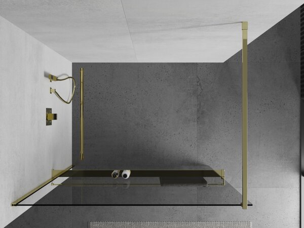 Mexen Kioto, Walk-In Walk-in dus 85 x 200 cm, sticla transparenta 8mm, profil auriu lucios + suport pentru prosoape cu raft, 800-085-121-50-00