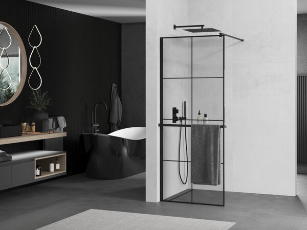 Mexen Kioto+, paravan de dus cu polita si suport pentru prosoape 80 x 200 cm, sticla transparenta 8 mm, model negru, profil negru, 800-080-121-70-77