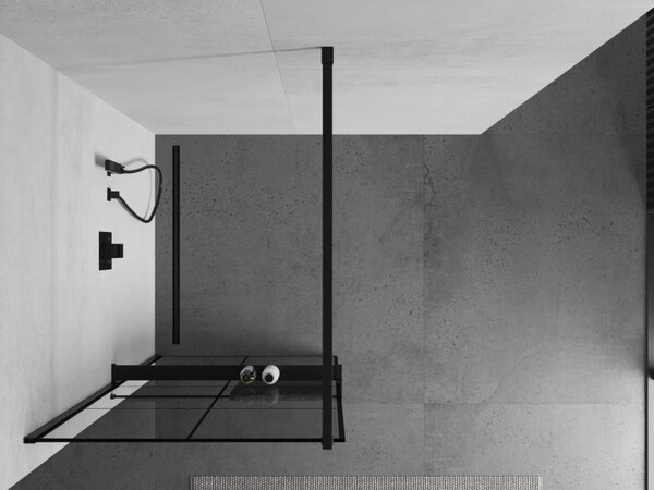 Mexen Kioto+, paravan de dus cu polita si suport pentru prosoape 80 x 200 cm, sticla transparenta 8 mm, model negru, profil negru, 800-080-121-70-77