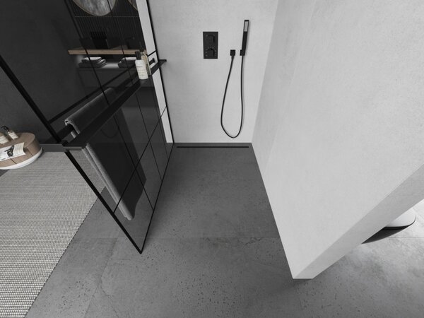 Mexen Kioto+, paravan de dus cu polita si suport pentru prosoape 130 x 200 cm, sticla transparenta 8 mm, model negru, profil negru, 800-130-121-70-77