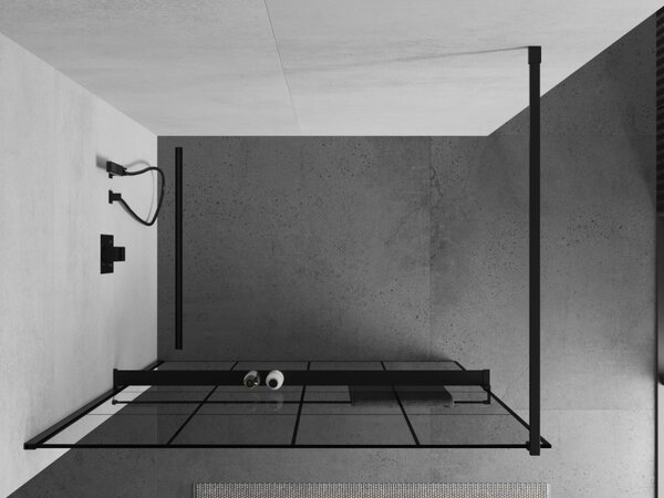 Mexen Kioto+, paravan de dus cu polita si suport pentru prosoape 130 x 200 cm, sticla transparenta 8 mm, model negru, profil negru, 800-130-121-70-77