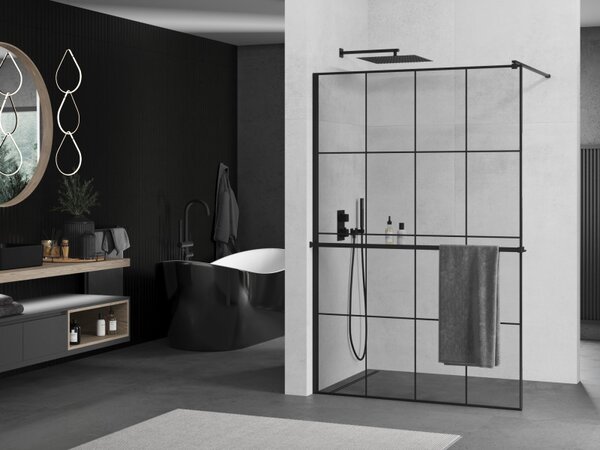 Mexen Kioto+, paravan de dus cu polita si suport pentru prosoape 130 x 200 cm, sticla transparenta 8 mm, model negru, profil negru, 800-130-121-70-77