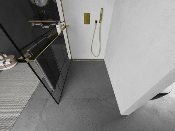 Mexen Kioto+, paravan de duș cu poliță și suport pentru prosoape 80 x 200 cm, sticlă transparentă 8 mm model negru, profil auriu, 800-080-121-50-78