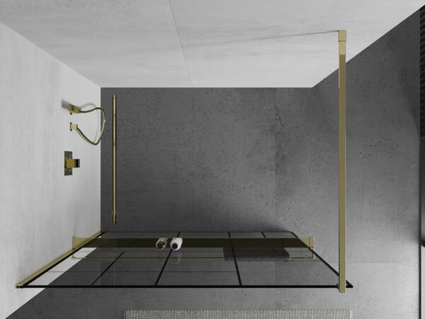 Mexen Kioto+, paravan de duș cu poliță și suport pentru prosoape 80 x 200 cm, sticlă transparentă 8 mm model negru, profil auriu, 800-080-121-50-78