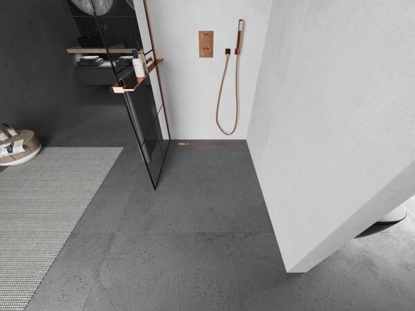 Mexen Kioto, paravan de duș cu poliță și suport pentru prosoape 80 x 200 cm, sticlă transparentă de 8 mm cu model negru, profil auriu roz, 800-080-121-60-77