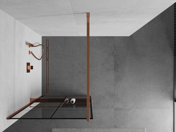 Mexen Kioto, paravan de duș cu poliță și suport pentru prosoape 80 x 200 cm, sticlă transparentă de 8 mm cu model negru, profil auriu roz, 800-080-121-60-77