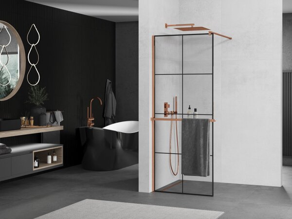 Mexen Kioto, paravan de duș cu poliță și suport pentru prosoape 80 x 200 cm, sticlă transparentă de 8 mm cu model negru, profil auriu roz, 800-080-121-60-77