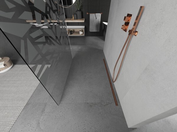 Mexen Kioto, paravan de duș 100 x 200 cm, sticlă transparentă de 8 mm cu model alb, 2x distanțier stabilizator auriu, profil auriu roz, 800-100-002-6…