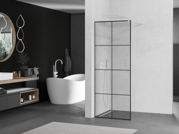 Mexen Kioto, paravan de dus walk-in 80 x 200 cm, 8 mm sticla transparenta/negru model, profil alb, 800-080-101-20-77