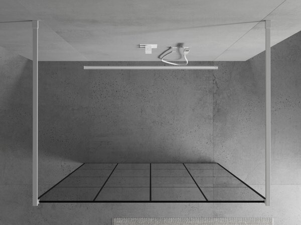 Mexen Kioto, paravan de duș 130 x 200 cm, model sticlă transparentă/negru de 8 mm, 2x distanțier stabilizator alb, 800-130-002-20-77