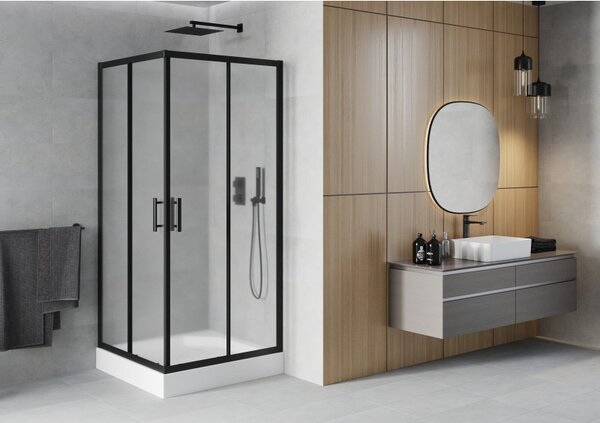 Mexen Rio, duș pătrat cu ușă glisantă 90(uşă) x 90(uşă) x 190 cm, sticlă mată 6mm, profil negru + cadă de duș RIO albă, 860-090-090-70-30-4510