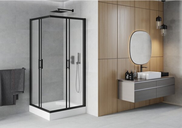 Mexen Rio, duș pătrat cu ușă glisantă 90(uşă) x 90(uşă) x 190 cm, sticlă mată 6mm, profil negru + cadă de duș RIO albă, 860-090-090-70-30-4510