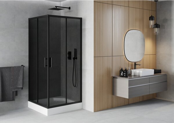 Mexen Rio, duș pătrat cu ușă glisantă 90(uşă) x 90(uşă) x 190 cm, sticlă gri 6mm, profil negru + cadă de duș albă RIO, 860-090-090-70-40-4510