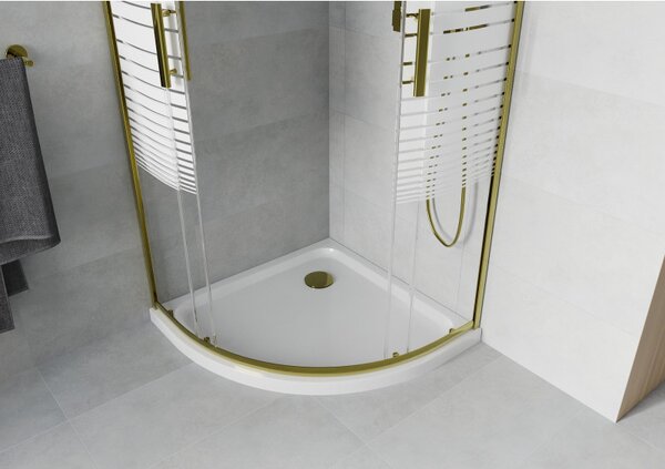 Mexen Rio, duș pătrat cu ușă glisantă 80(uşă) x 80(uşă) x 190 cm, sticlă transparentă 6mm cu benzi, profil auriu + cadă de duș SLIM albă, 863-080-080-50-20-4110G