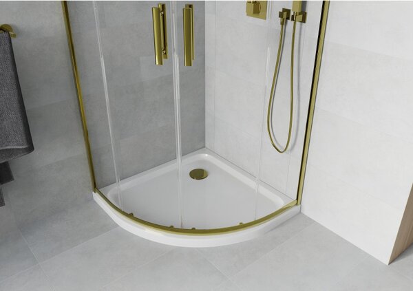 Mexen Rio, duș pătrat cu ușă glisantă 90(uşă) x 90(uşă) x 190 cm, sticlă transparentă 6 mm, profil auriu + cadă de duș SLIM albă, 863-090-090-50-00-4110G