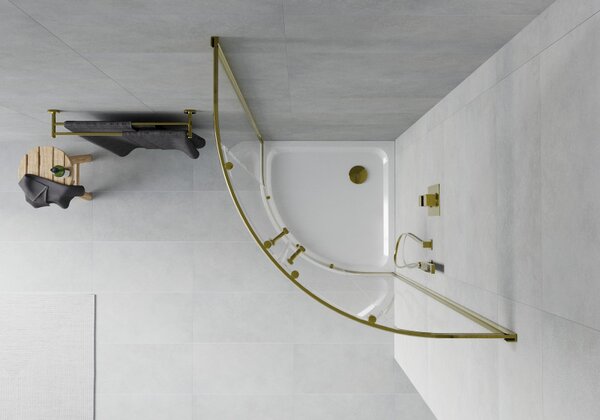 Mexen Rio, duș pătrat cu ușă glisantă 90(uşă) x 90(uşă) x 190 cm, sticlă transparentă 6 mm, profil auriu + cadă de duș SLIM albă, 863-090-090-50-00-4110G